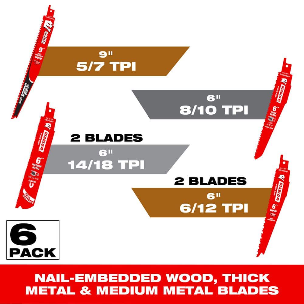 DIABLO Bi-Metal and AMPED Carbide 9 in. -5/7 TPI Nail Embedded Wood Reciprocating Saw Blade Set (6-Piece) (3)