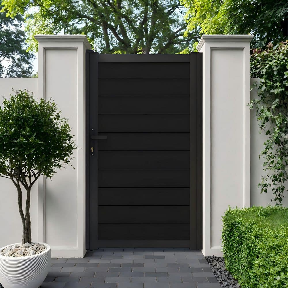 mondaria Outdoor 4 ft. W x 6 ft. H Black Aluminum Alloy Security Fence Gate with Locking System and Anti-Sag Wheel (2)