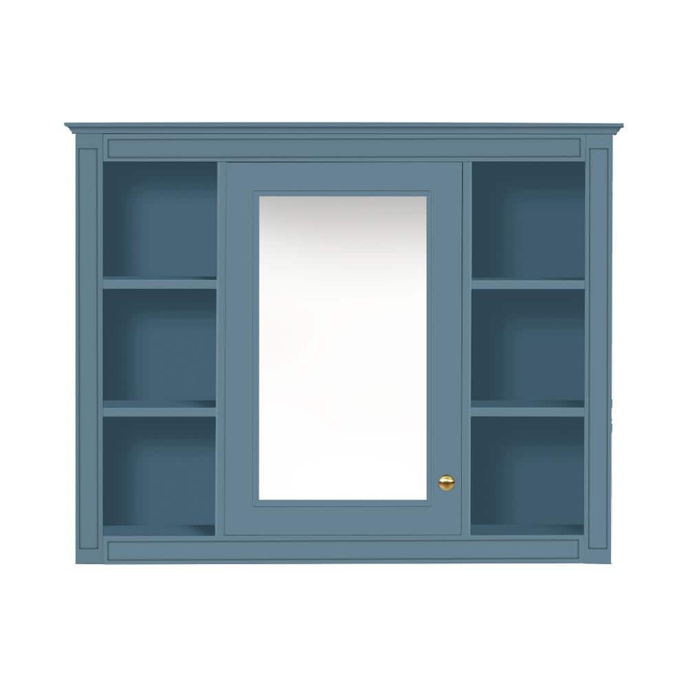 YSQCAR 35.03 in. W x 28 in. H Rectangular MDF Wall Medicine Cabinet with Mirror in Blue with Open Shelves (1)