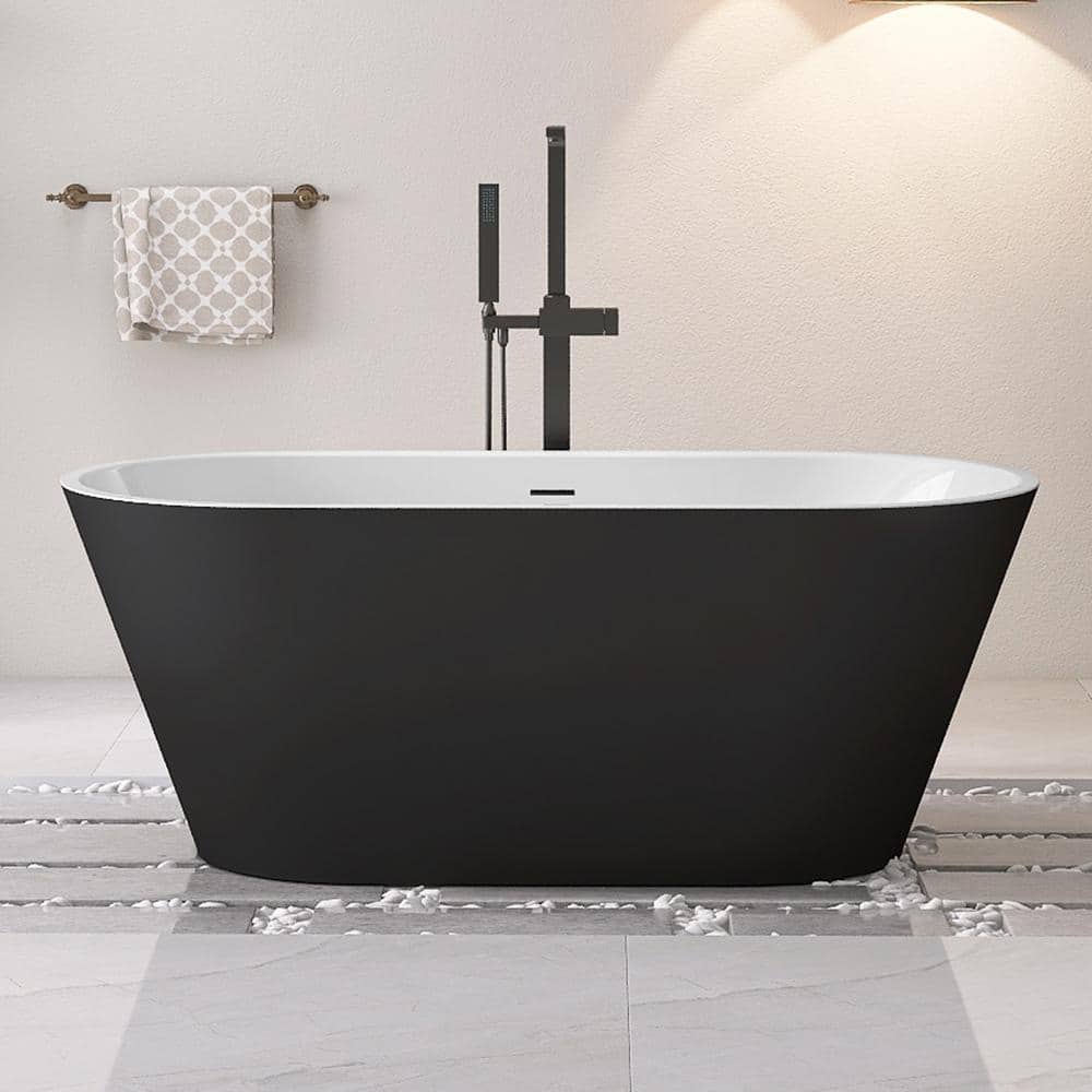 NTQ 59 in. x 29.5 in. Acrylic Oval Freestanding Deep Soaking Bathtub Free Standing Bath Tub with Chrome Drain in Matte Black (1)