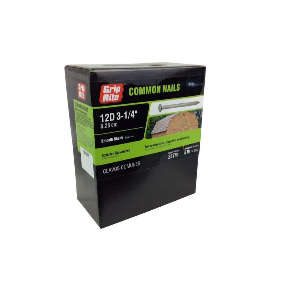 Grip-Rite 3-1/4 in. x 9-Gauge 12-penny Exterior Galvanized Steel Common Nails 5 lb. Box