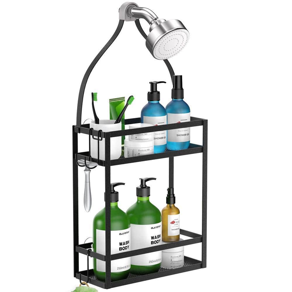 Cubilan Over-the-Shower Bathroom Caddy with Hooks in Black (1)