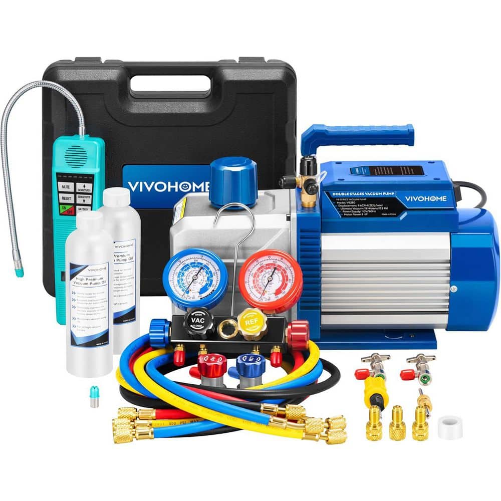 VIVOHOME 110-Volt 1 HP 9.6 CFM Dual Stage HVAC Vacuum Pump and 4-Way AC Manifold Gauge Set Kit with Leak Detector (1)