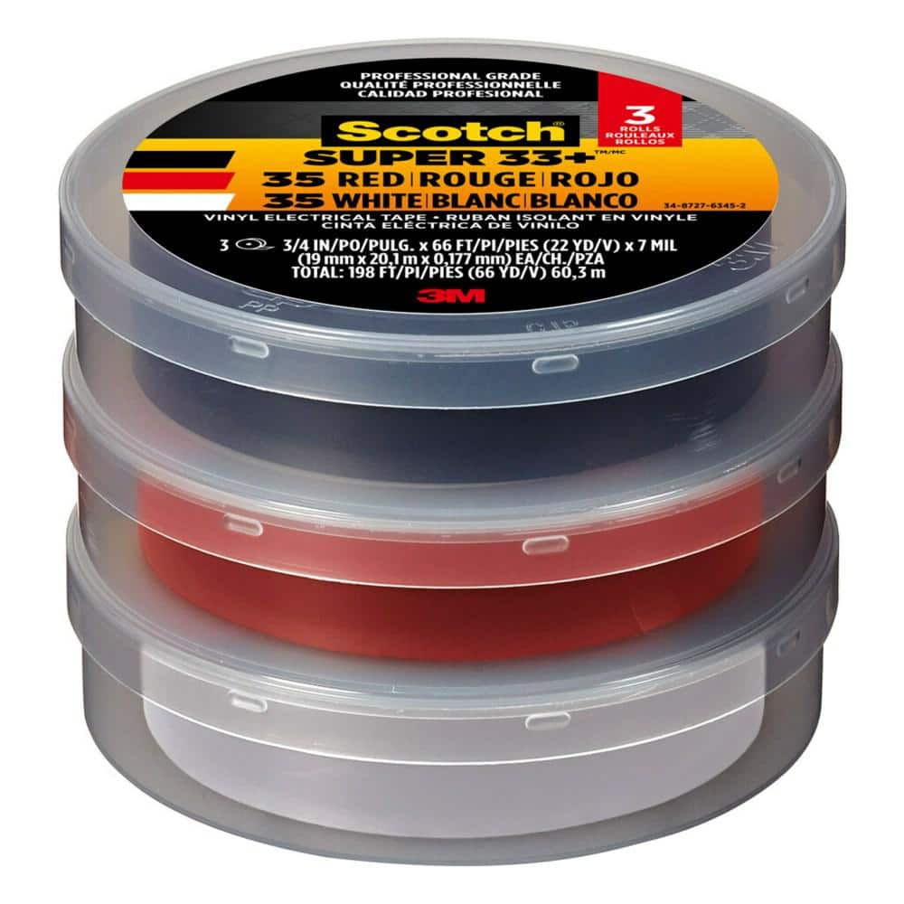 Scotch 3/4 in. x 66 ft. Vinyl Electrical Tape, Black/Red and White (3-Pack)