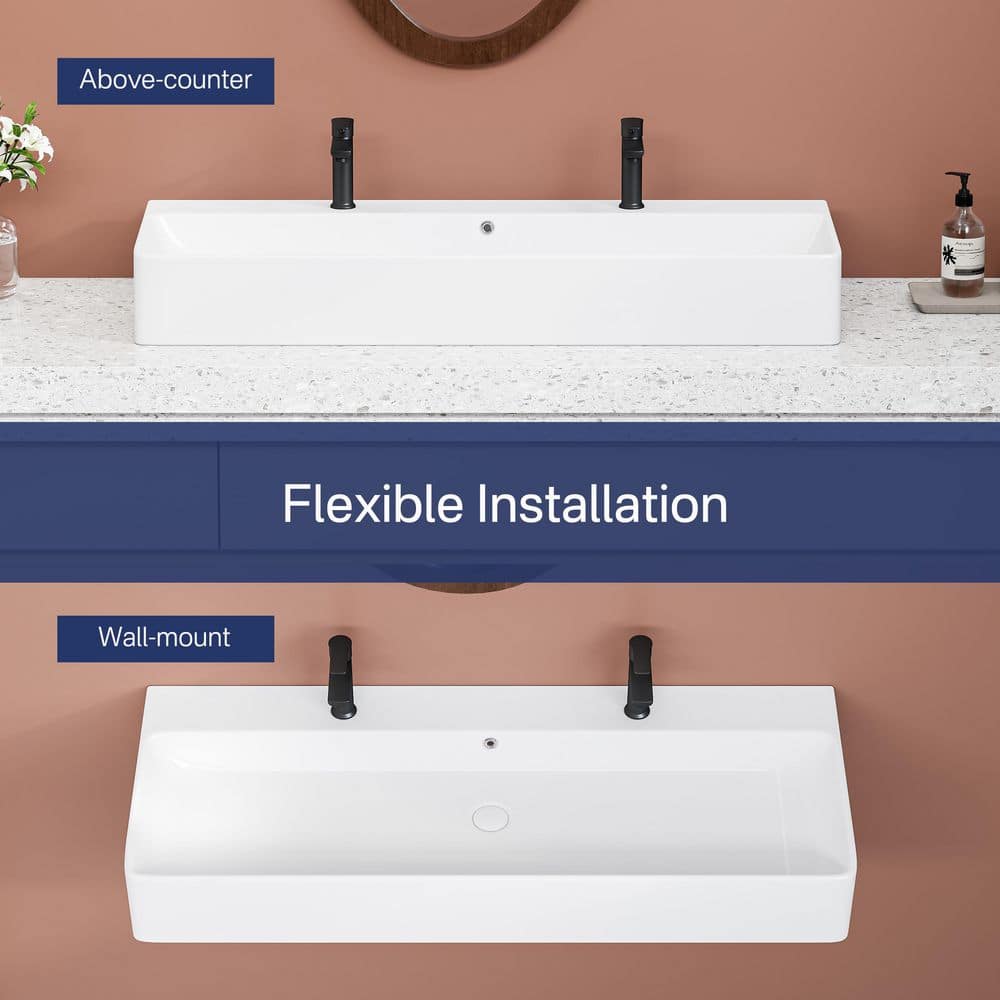 Eridanus Turner 44 in. White Vitreous China Rectangular Wall-Mount Bathroom Trough Vessel Sink w/ Double Faucet Hole and Overflow (3)