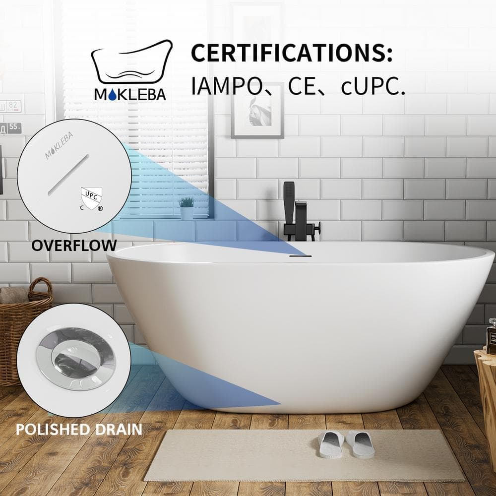 Mokleba Acrylic Freestanding Bathtub Flatbottom Soaking SPA Tub with Polished Chrome Drain Bathtub (4)