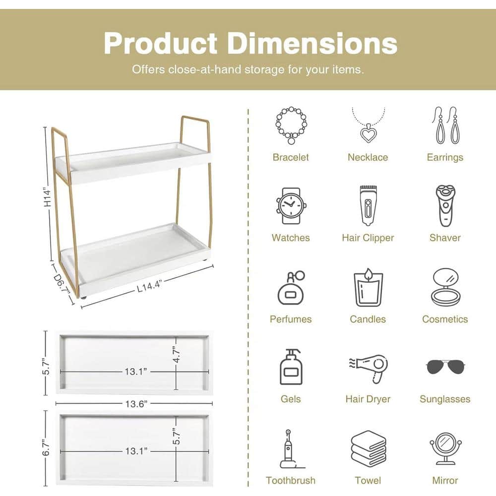 Adrinfly Countertop Bathroom Trays Organizer with Vanity Storage in White and Gold 2-Tier, Wooden (2)
