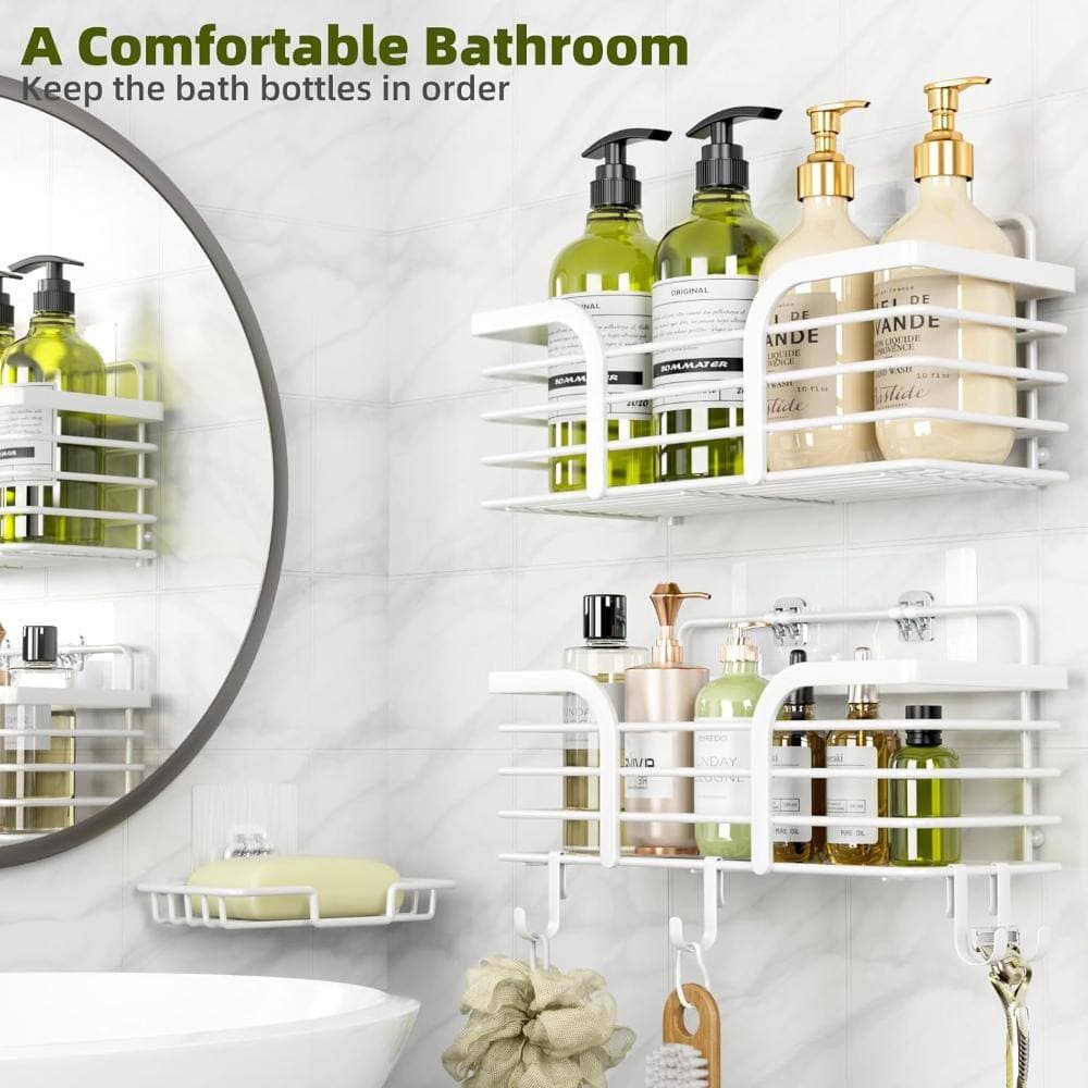 Whatseaso 11.5 in. Stainless Steel Wall Mounted Shower Organizer with Soap Holder and Hooks in White (3)