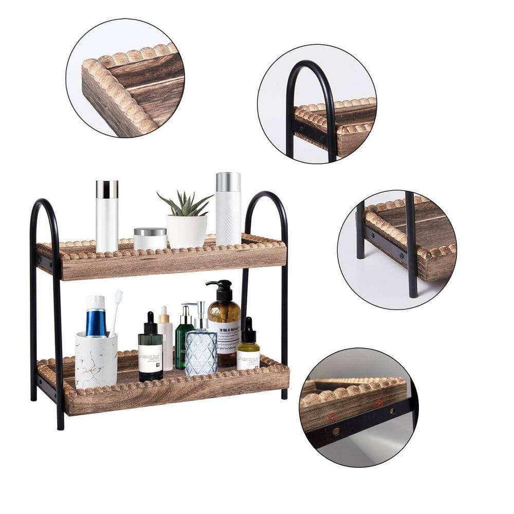 Wudkey Black 2-Tier Vanity Organizer and Storage for Cosmetic Skincare Perfume, Wood Bead Storage Shelf for Bathroom Kitchen (3)