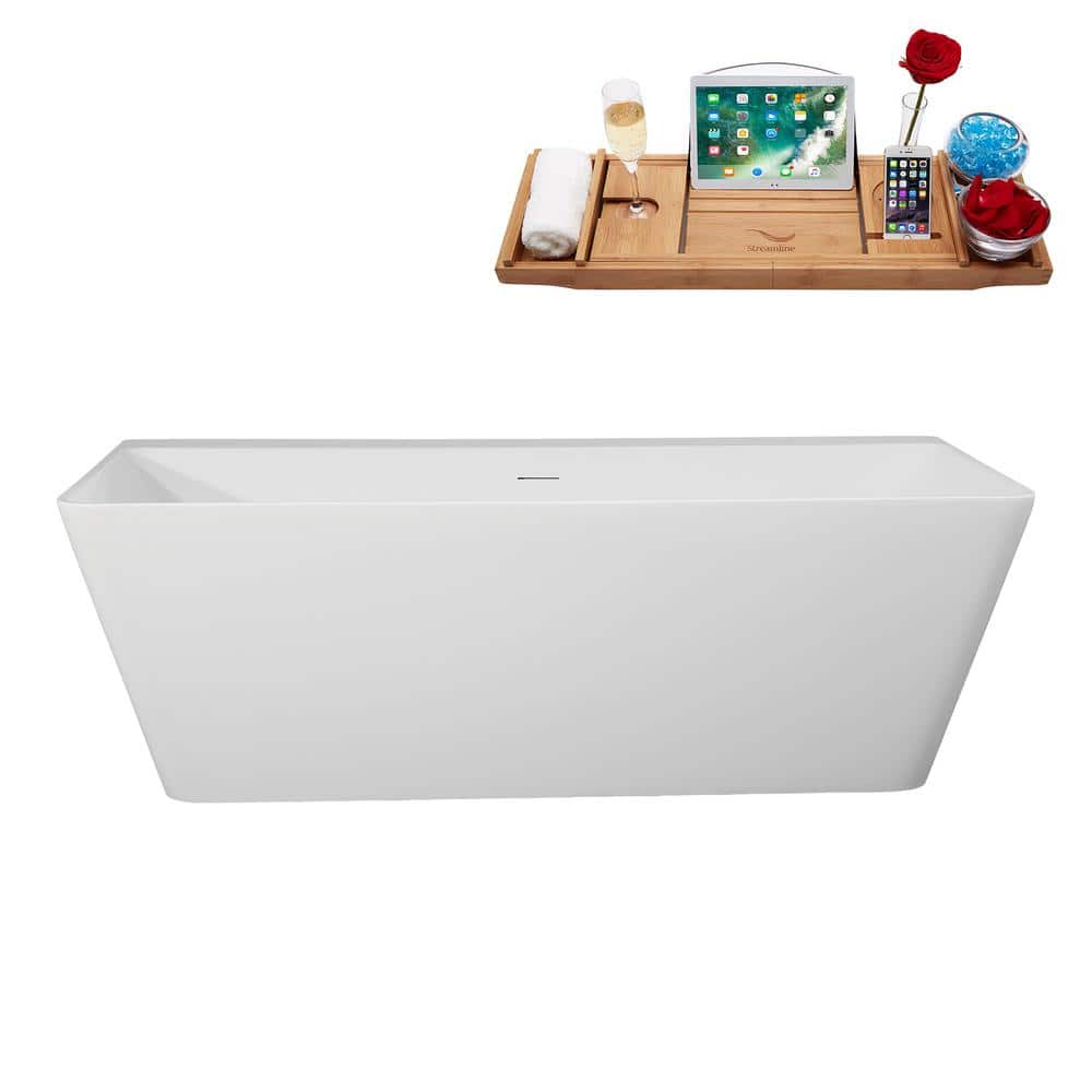 Streamline 67 in. x 32 in. Acrylic Freestanding Soaking Bathtub in Glossy White With Matte Black Drain, Bamboo Tray (1)