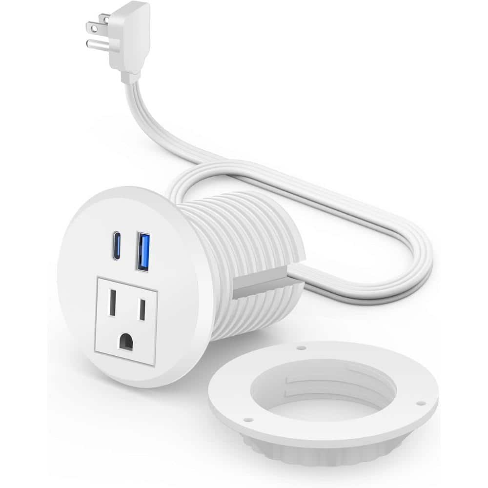 Ahfiwaso 1-Outlet AC 20-Watt Desktop Power Grommet with 2-USB Ports and 6 ft. Cable - Slim Outlet Extender in White (1)