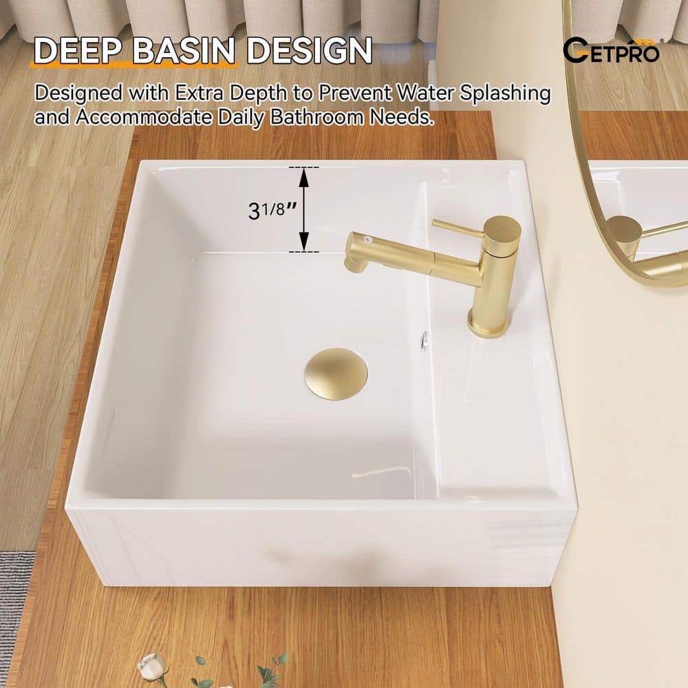 Getpro 15.75 in Ceramic RV Sink Wall-Mounted Square Bathroom Sink with Single Faucet Hole in White Floating Vessel Sink (3)