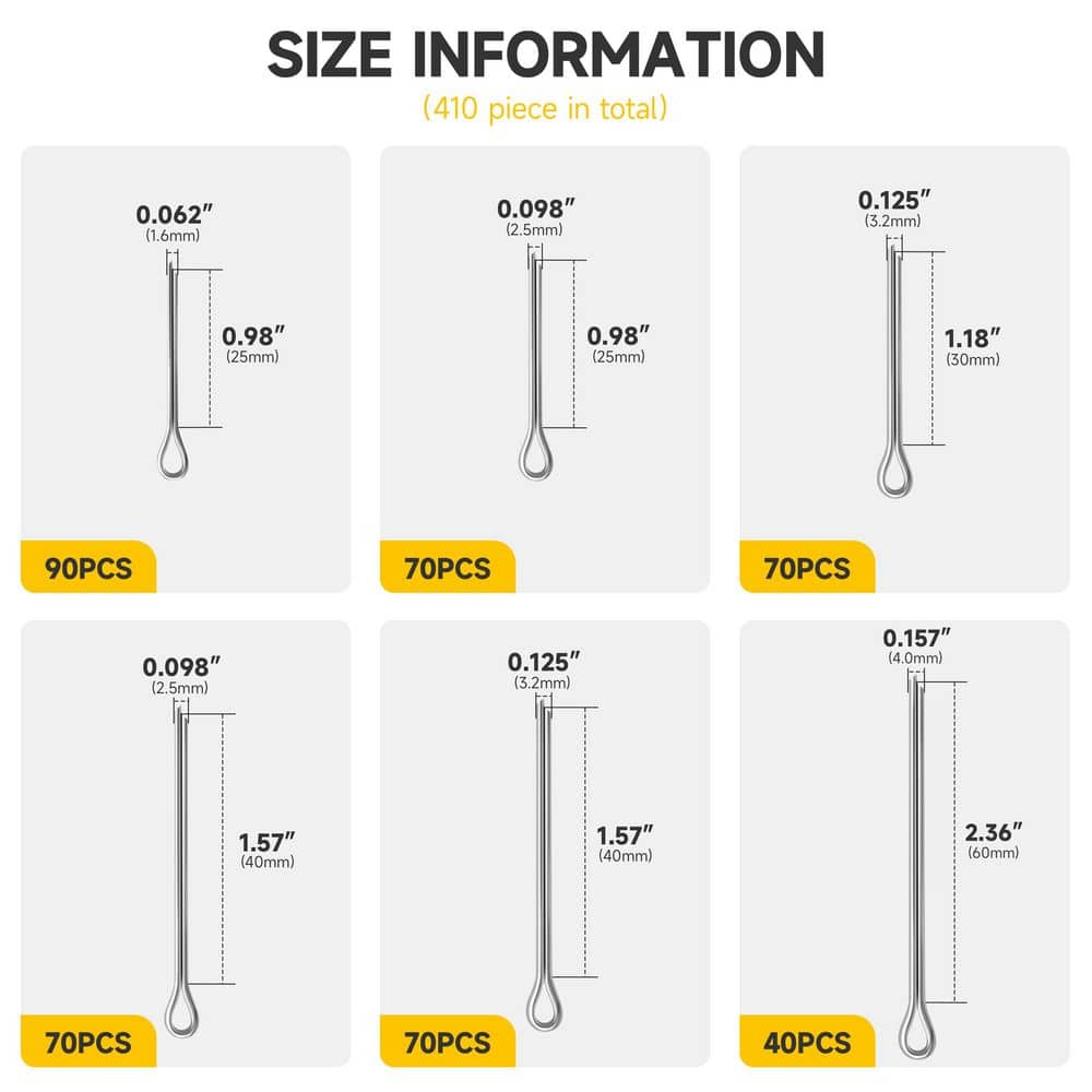 MYWISH Cotter Pin Assortment Kit, Zinc-Plated Steel, 6-Sizes (410-Pack) (2)