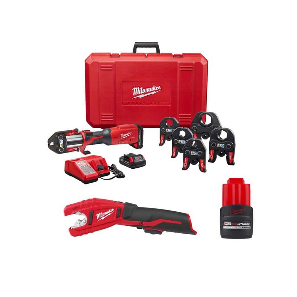 Milwaukee M18 Cordless FORCE LOGIC Press Tool Kit w/1/2 in - 2 in Jaws Kit, M12 Copper Tubing Cutter & M12 HO 2.5ah Battery