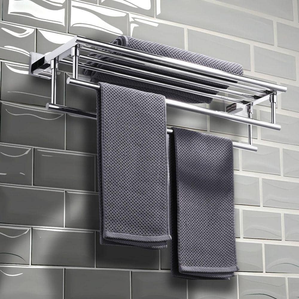 VEVETTA 24 in. Wall Mounted Stainless Steel Double Towel Rack, Towel Bar in Polished Chrome (3)