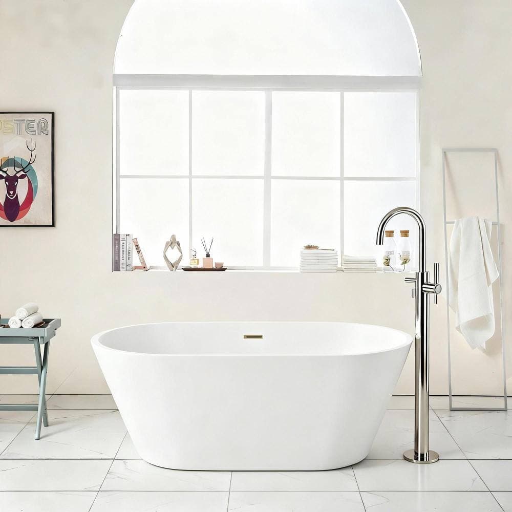 Staykiwi 59" Acrylic Glossy White Freestanding Soaking Bathtub with Gold Overflow & Pop-Up Drain (2)