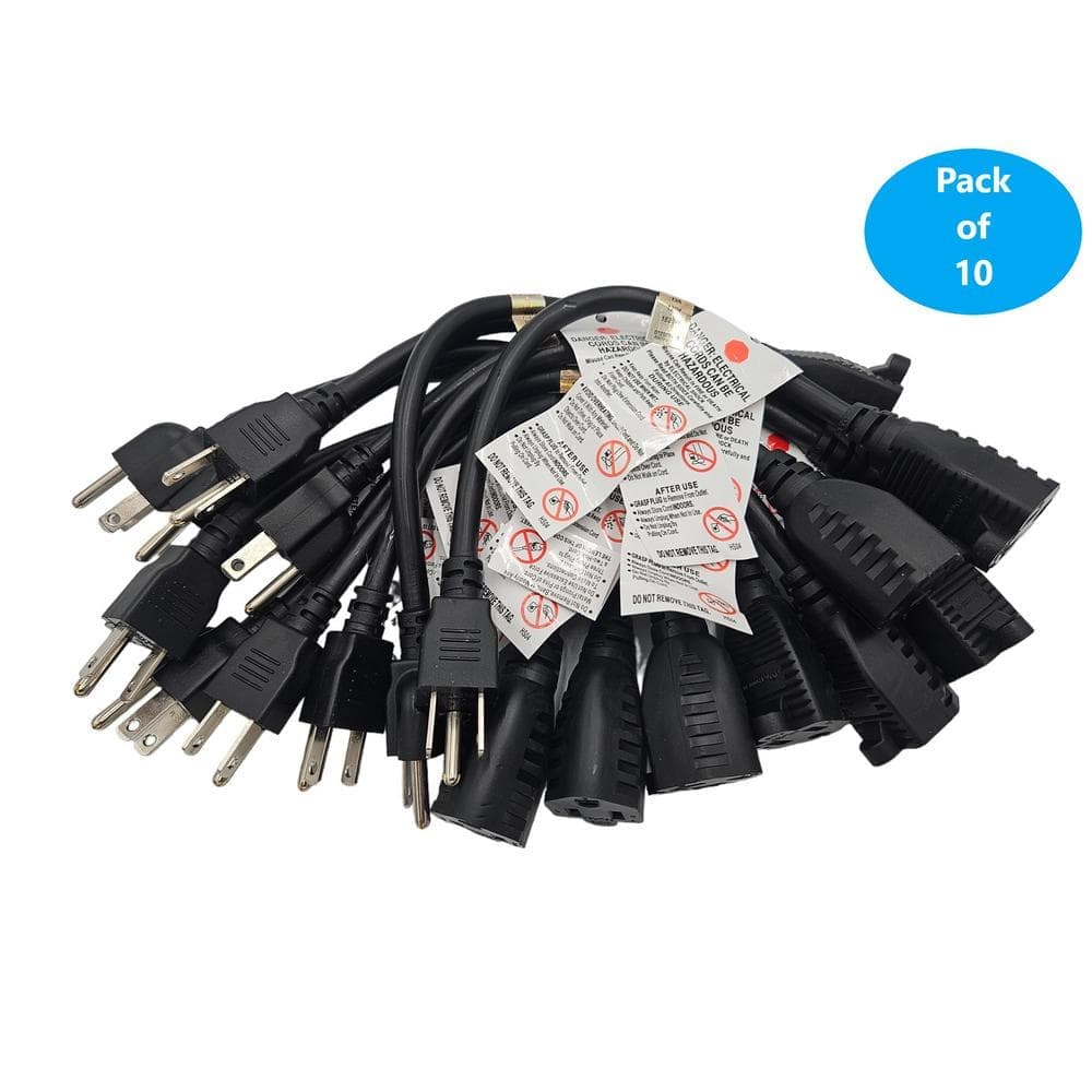 Micro Connectors, Inc 1 ft. UL Power Extension Cord 16 Gauge/3-Conductors (13-Amp) (NEMA 5-15R to NEMA 5-15P) Indoor/Black 10-Pack (2)