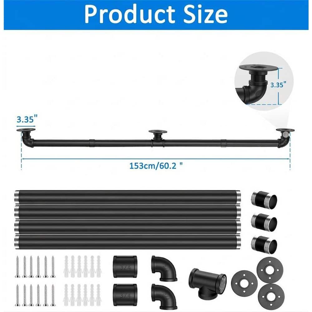 Unbranded 5 ft. Black Metal Industrial Pipe Handrail Wall Mount Safety Handle for Indoor Outdoor Steps and Stair Railing (2)