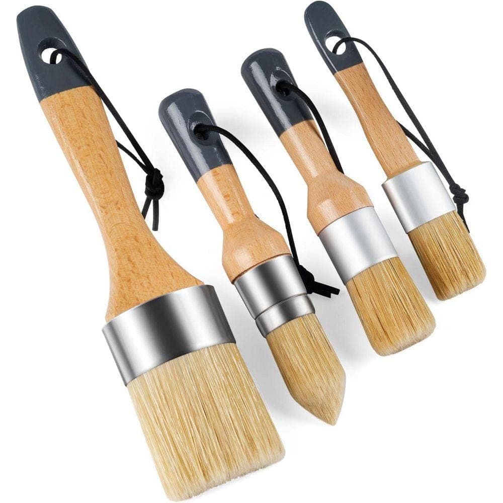 KIWDZFU 4-Pcs Chalk Paint Wax Brush Set for DIY Home Decor and Art Crafts with Natural Bristles, Comfortable Wood Handle