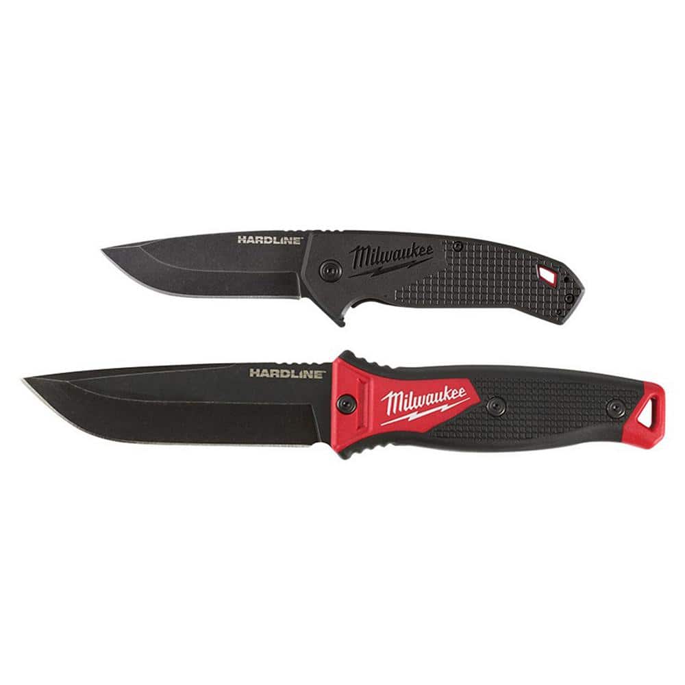 Milwaukee 3 in. Hardline D2 Steel Smooth Blade Pocket Folding Knife and 5 in. Hardline AUS-8 Steel Fixed Blade Knife (1)