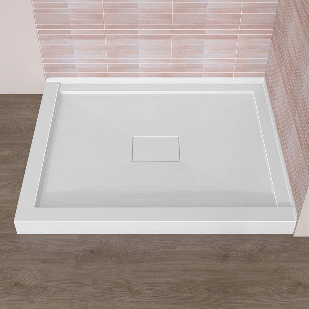 Getpro 42 in. L x 34 in. W Corner Shower Pan Base in White Acrylic Shower Tray with Center Drain Hole and Magnetic Cover (1)