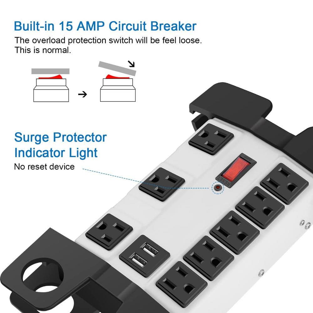 Lukyamzn 15 ft. Extension Cord 8-Outlet Heavy Duty Industrial Metal Power Strip Surge Protector in Gray with USB (3)