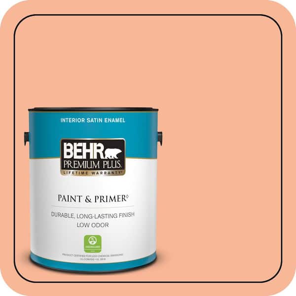 BEHR PREMIUM PLUS 1 gal. #P190-3 Melon Sorbet Satin Enamel Low Odor Interior Paint & Primer (2)