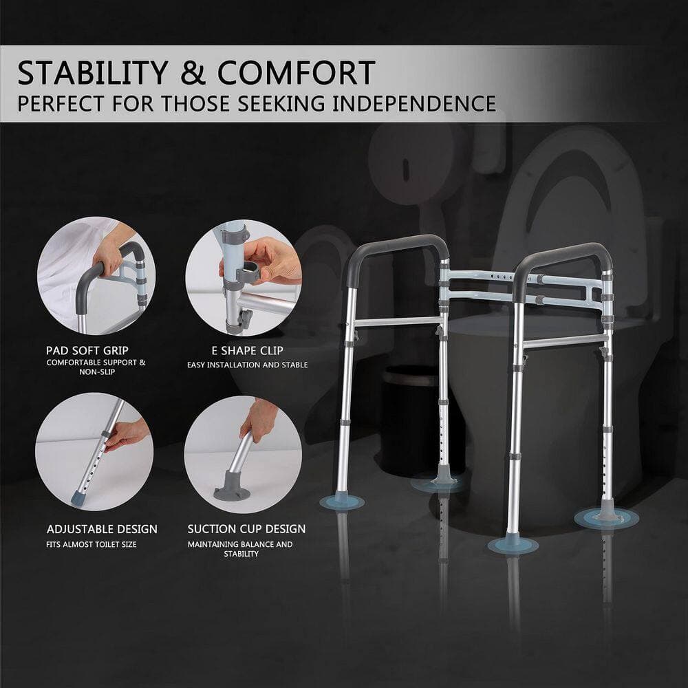 NVNOO Adjustable Aluminum Foldable Toilet Safety Rails Fit Any Toilets for Elderly Handicap and Disabled, Silver (2)
