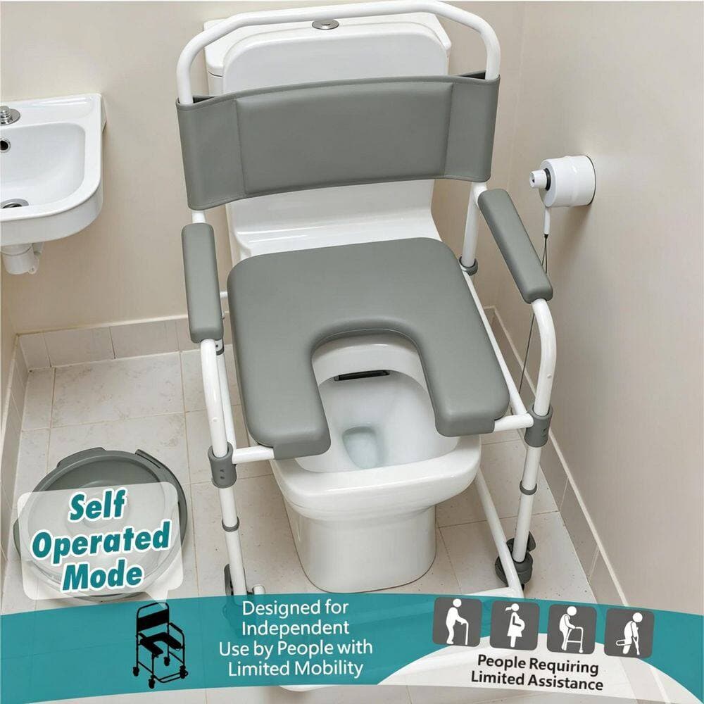 Numhew Bedside Commode with Wheels, Shower Wheelchair with 300 lb. Weight Capacity, Portable Toilet Seat with Bucket (3)