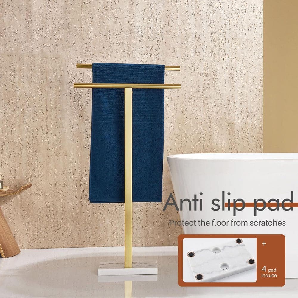 Anqtovp Towel Rack 2-Tier Towel Holder in Brushed Gold Stainless Steel with Marble Base Bath Accessory for Bathroom Floor (3)