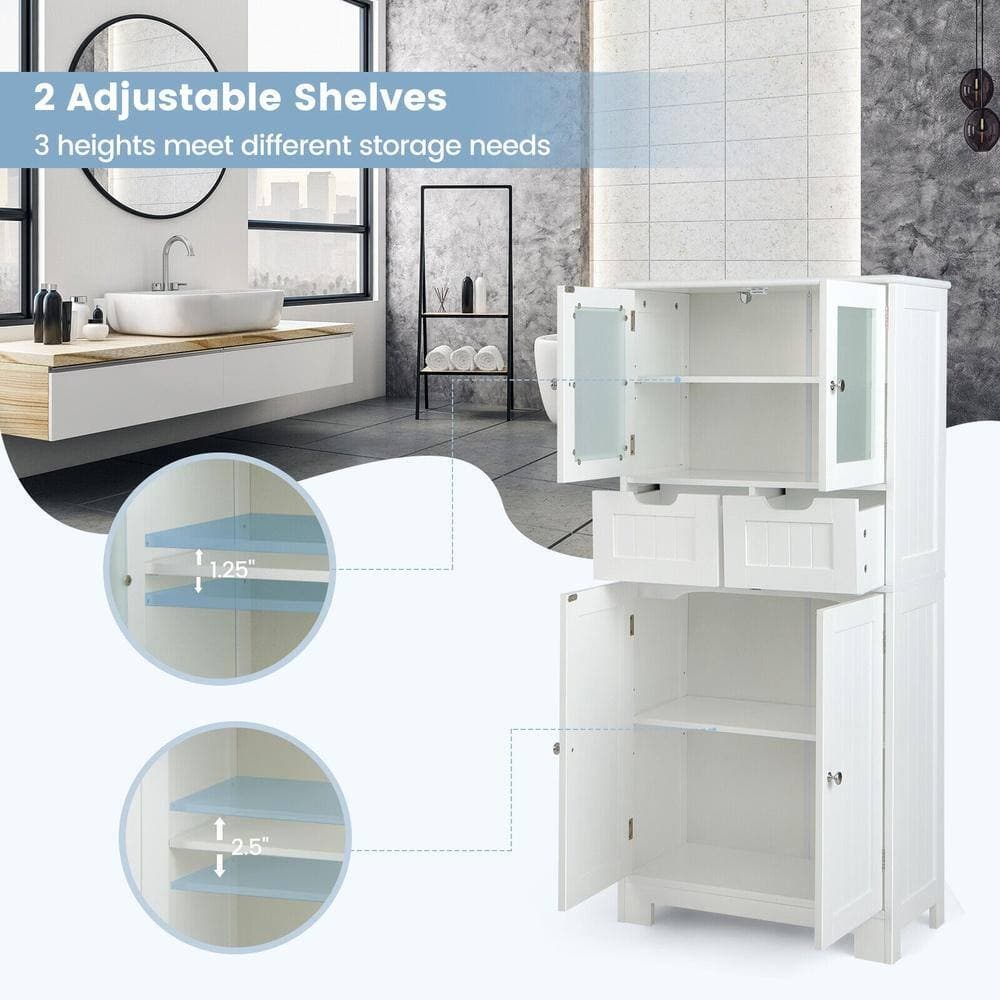 Bunpeony 4-Door Master Bath Linen Cabinet, 2 Drawers + 2 Tempered Glass Doors + 2 Solid Doors, Anti-Tip, 4 Raised Legs (3)