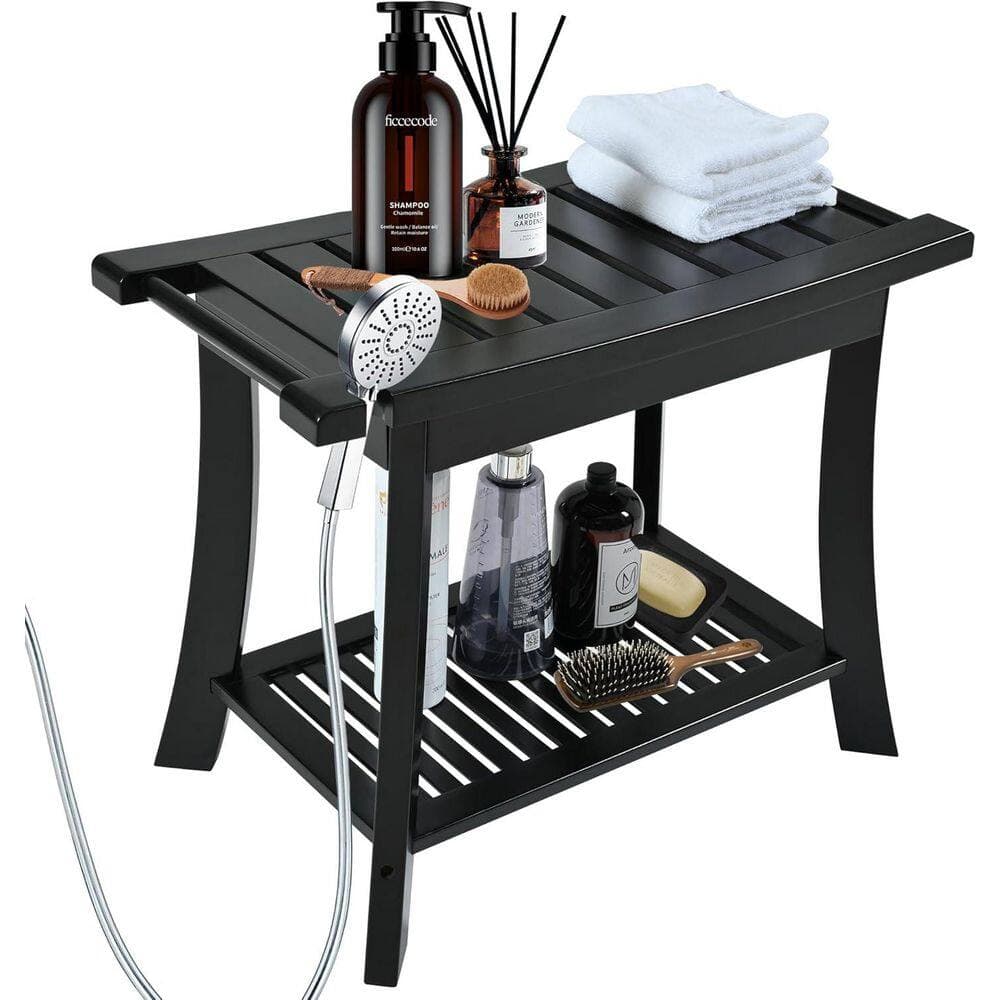 Anqtovp Bamboo Series 23.62 in. W Freestanding Storage Shelf, Waterproof, Heavy Duty Shower Bench Seat Black Finish (2)