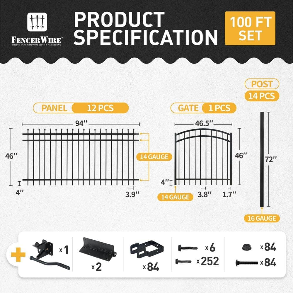 Fencer Wire 4 ft. x 8 ft. Black Steel Spaced Bar Pinnacle Metal Fence Panel with Arched Fence Gate  (Set of 100 ft.) (3)