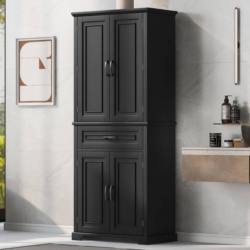 Tenleaf 30 in. W x 16 in. D x 72 in. H Black MDF Freestanding Linen Cabinet with Doors and Drawer, Adjustable Shelf (3)