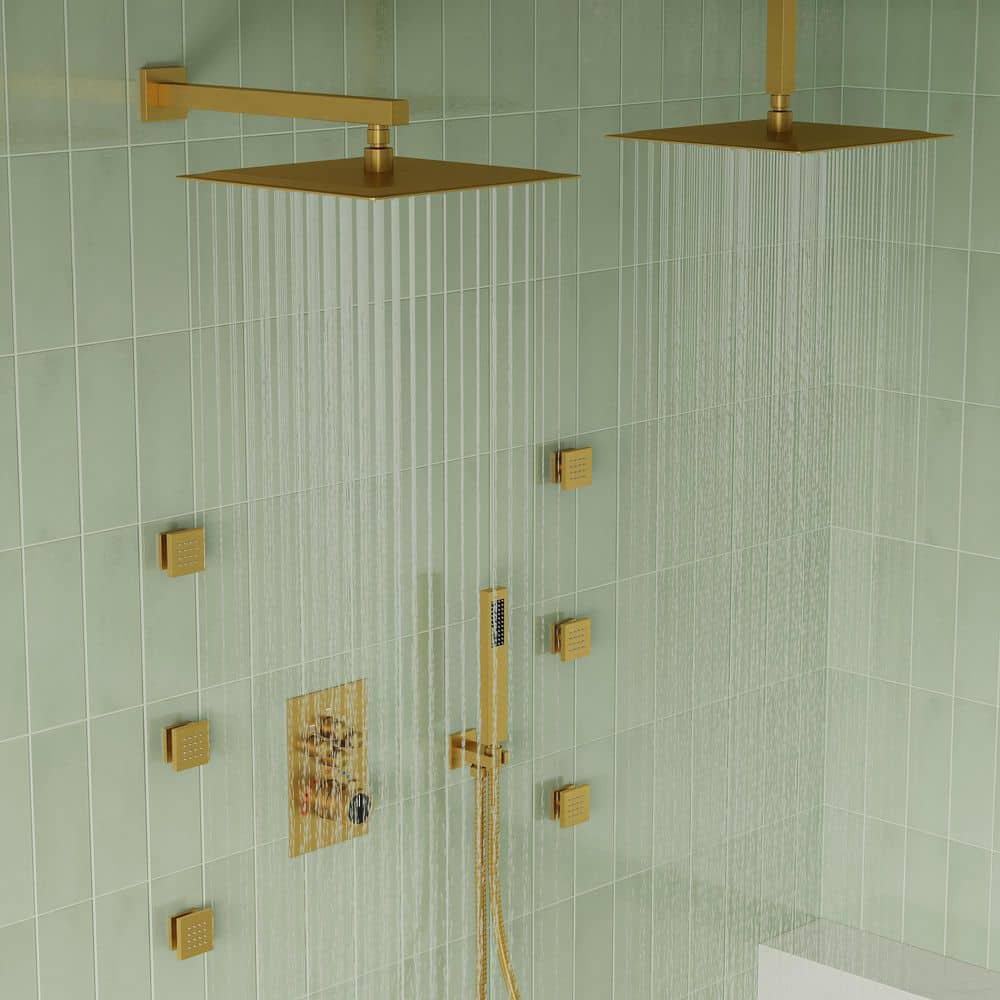 YAWWALK Thermostatic Valve 15-Spray 12 in. Square Ceiling Mount Dual Shower Head Shower System with 6-Jet (2)