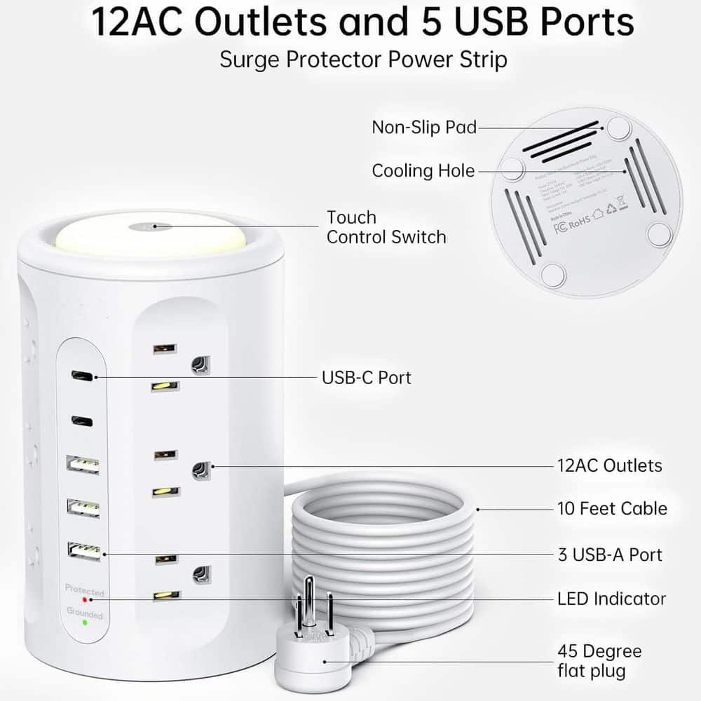 Lukyamzn Power Strip Tower 10 ft. 12-Outlet 5-Ports Surge Protector with Night Light and Space-Saving Vertical 1800J Protection (2)