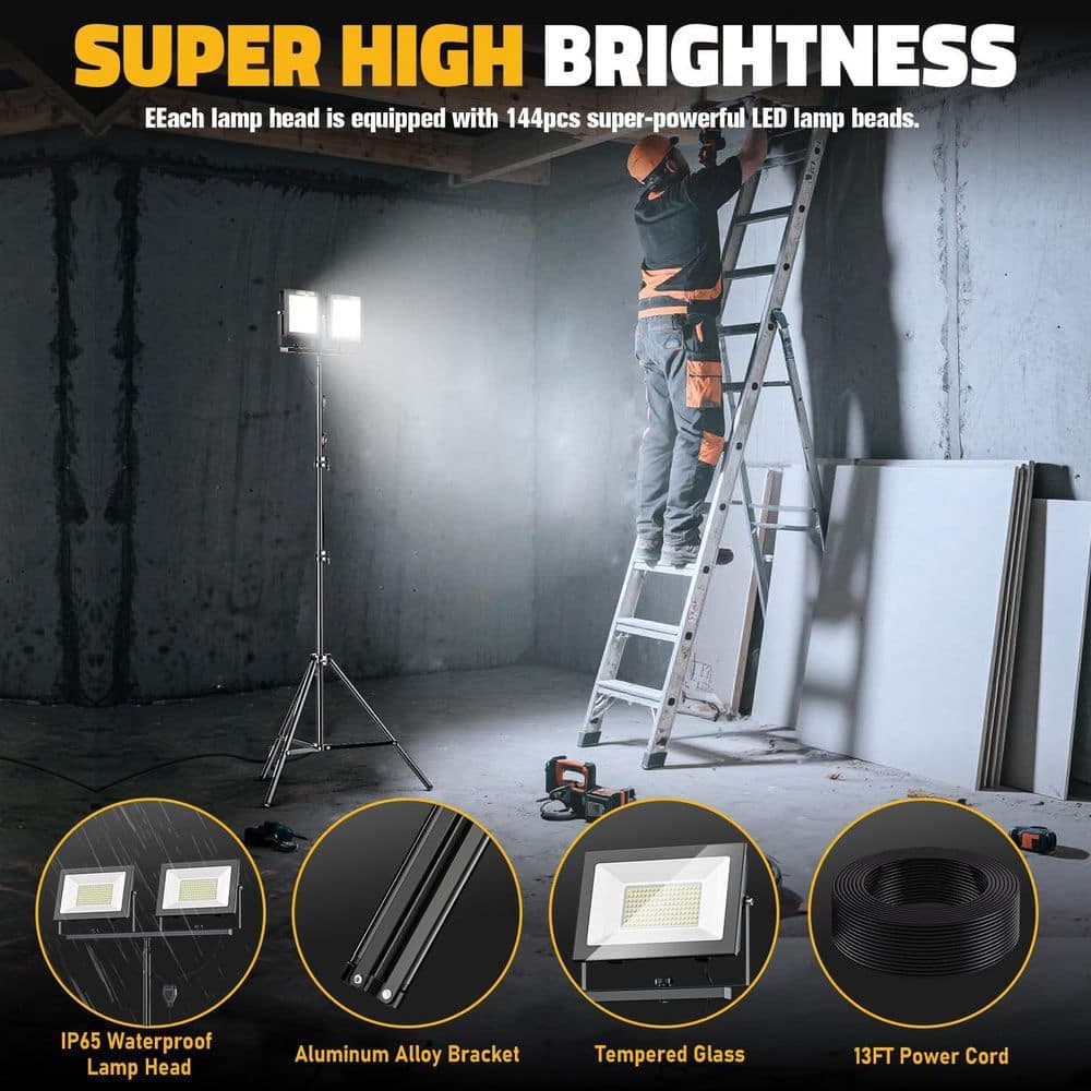 BeamBox 120 Volt 22000 Lumen Integrated LED Work Lights with Stand, 220W Dual Head Tripod Flood Light w/13 ft. Cord for Garage (3)