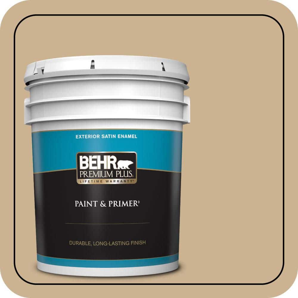 BEHR PREMIUM PLUS 5 gal. #PWL-84 Tropical Tan Satin Enamel Exterior Paint & Primer