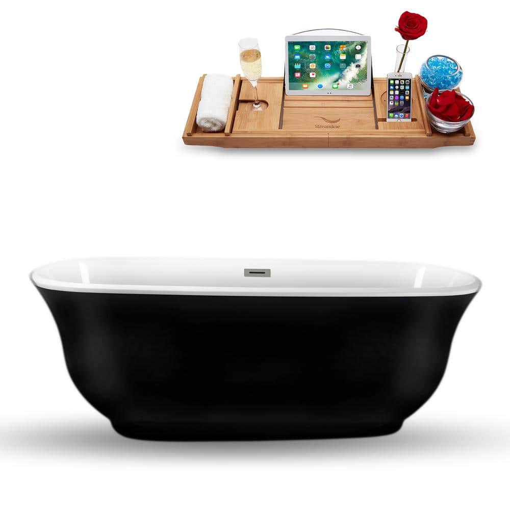 Streamline 67 in. Acrylic Flatbottom Non-Whirlpool Bathtub Glossy Black with Brushed Gun Metal Drain and Overflow Cover (1)