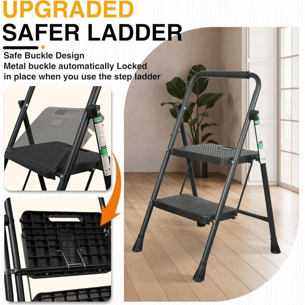 Unbranded 2-Step 2.10 ft. Reach Steel Portable Folding Step Stool with Wide Anti-Slip Pedal Convenient Handgrip 500 lbs. Capacity (3)
