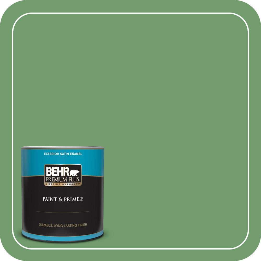 BEHR PREMIUM PLUS 1 qt. #450D-6 Shire Green Satin Enamel Exterior Paint & Primer