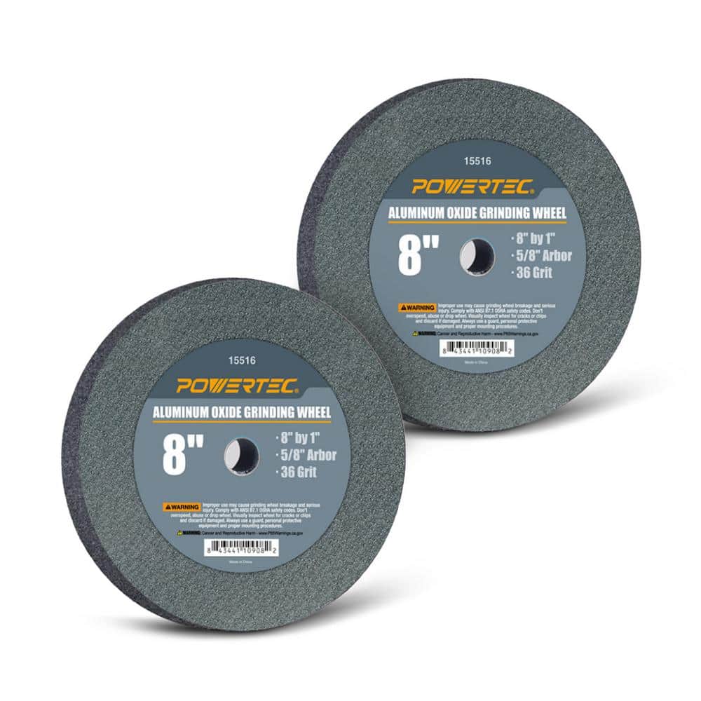 ‎POWERTEC 8 in. x 1 in. 36-Grit 5/8 in. Arbor, Aluminum Oxide Grinding Wheel for Bench Grinder (2-Pack) (1)