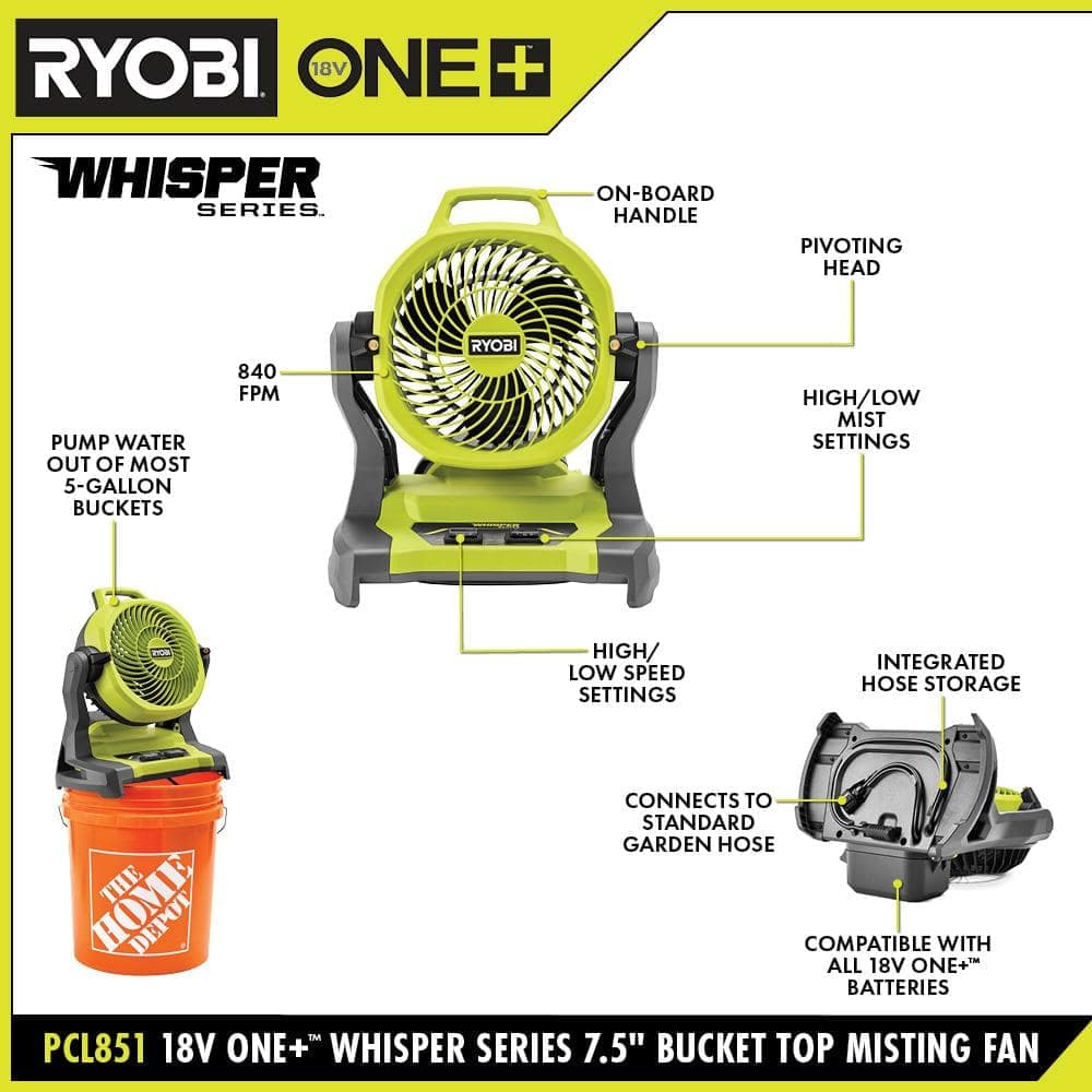 RYOBI ONE+ 18V Cordless 7-1/2 in. Bucket Top Misting Fan (Tool Only) (3)