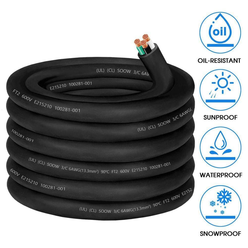 Unbranded 25 ft. 6 Gauge 3 Conductor 600V SOOW Indoor Outdoor Extension Cord Oil Water Resistant for Generator Welder EV, Black (2)