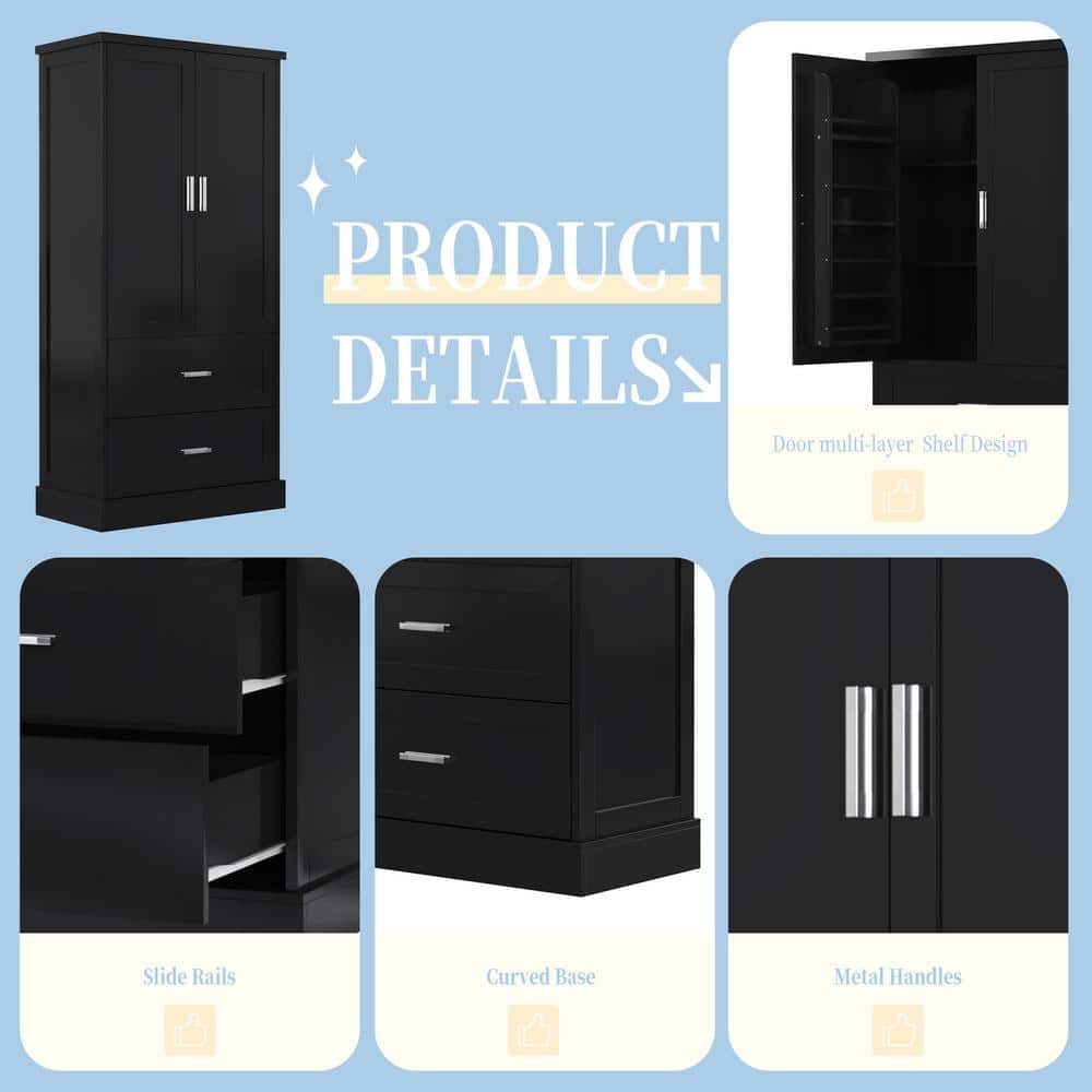 Unbranded 31.3 in. W x 16 in. D x 64 in. H Black MDF Bathroom Linen Cabinet with 2-Doors and Drawers, Adjustable Shelf (3)