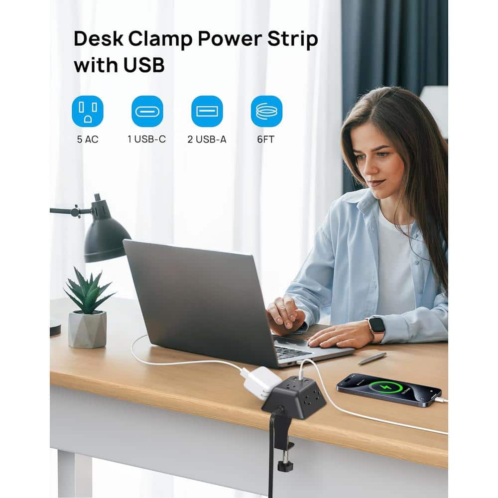 Ahfiwaso 5-Outlet Desk Clamp Power Strip Surge Protector with 3-USB Ports and 6 ft. Cord 2.5 in. Tabletop Edge Thick in Black (3)