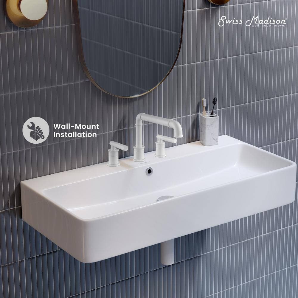Swiss Madison Carre 36 in. W x 16 in. D x 6 in. H Wall-Mount Ceramic White Bathroom Sink with 8 in. Widespread Holes (2)