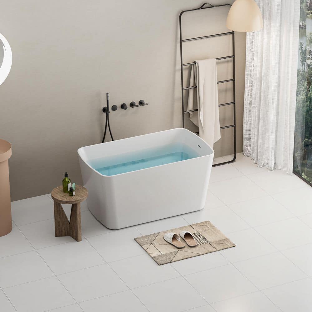 Fieeay 49 in. x 28 in. Soaking Tub Acrylic Freestanding Soaking Bathtub Square-Shape Japanese Glossy White (2)