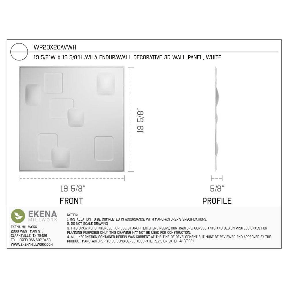 Ekena Millwork 5/8 in. x 19-5/8 in. x 19-5/8 in. PVC White Avila EnduraWall Decorative 3D Wall Panel (2.67 sq. ft.) (2)