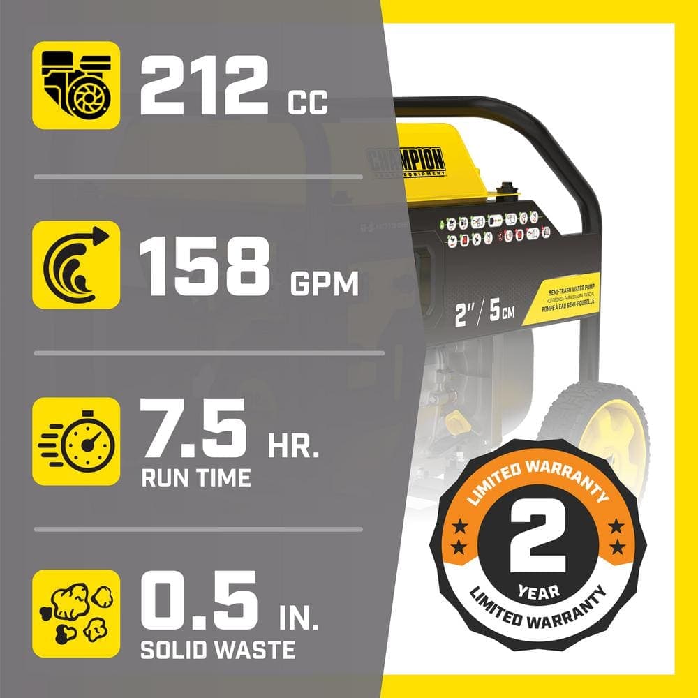 Champion Power Equipment 2 in. Gas-Powered Semi-Trash Water Transfer Pump with Hose and Wheel Kit (2)
